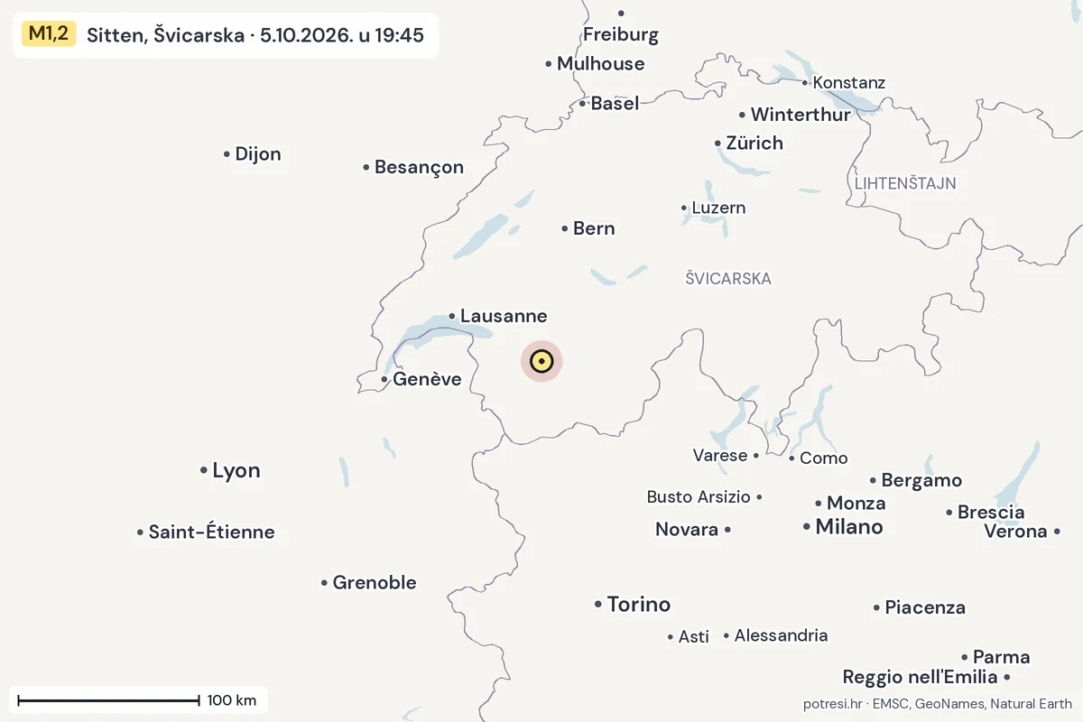 Karta: šire područje, 600 km, potres M1,2, Sitten, Švicarska, 5.10.2026.