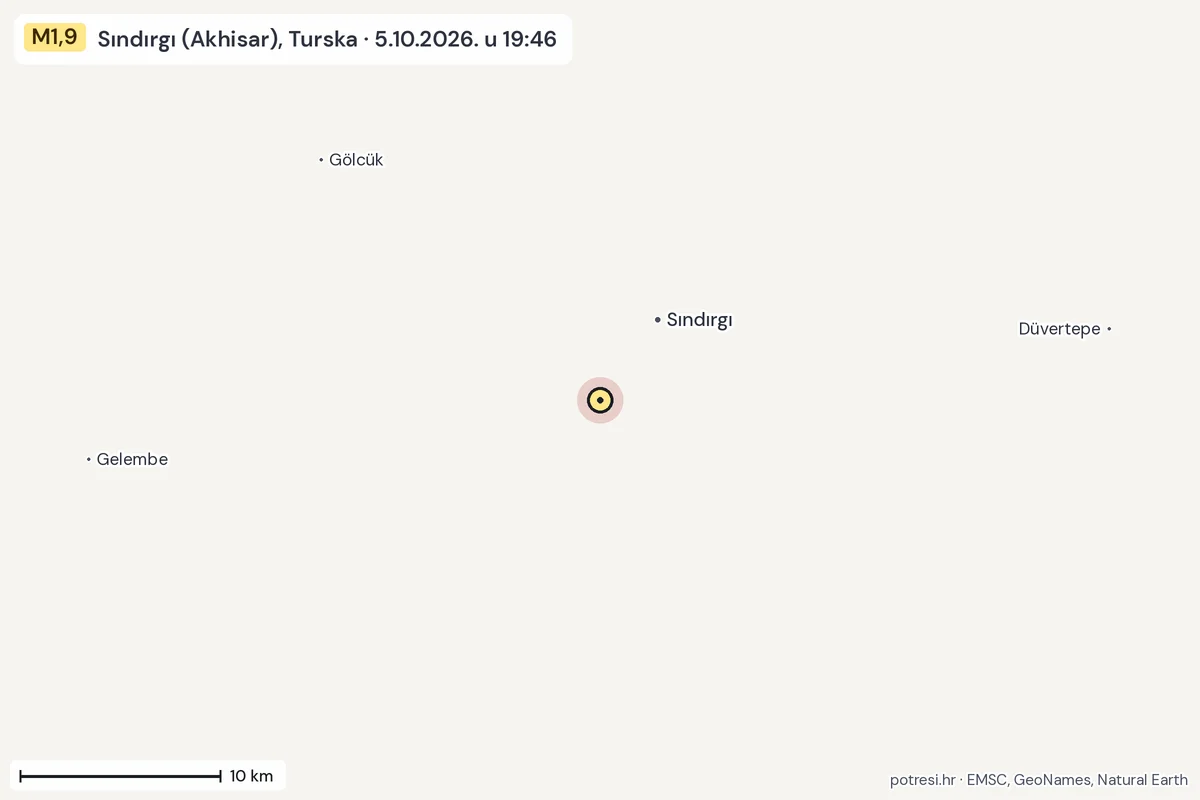 Karta: okolica epicentra, 60 km, potres M1,9, Sındırgı (Akhisar), Turska, 5.10.2026.