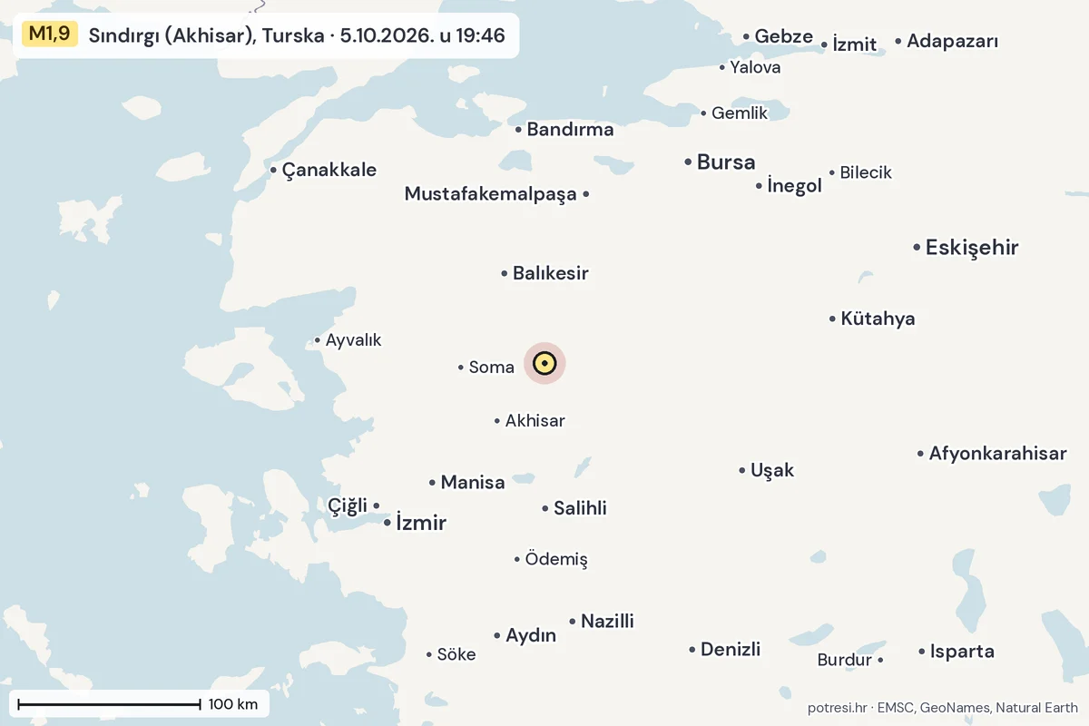 Karta: šire područje, 600 km, potres M1,9, Sındırgı (Akhisar), Turska, 5.10.2026.