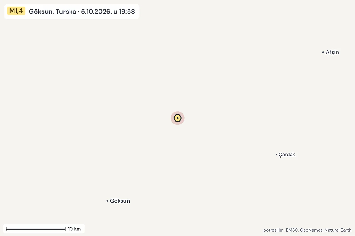 Karta: okolica epicentra, 60 km, potres M1,4, Göksun, Turska, 5.10.2026.