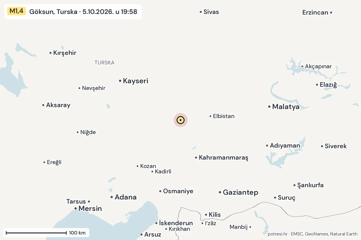 Karta: šire područje, 600 km, potres M1,4, Göksun, Turska, 5.10.2026.