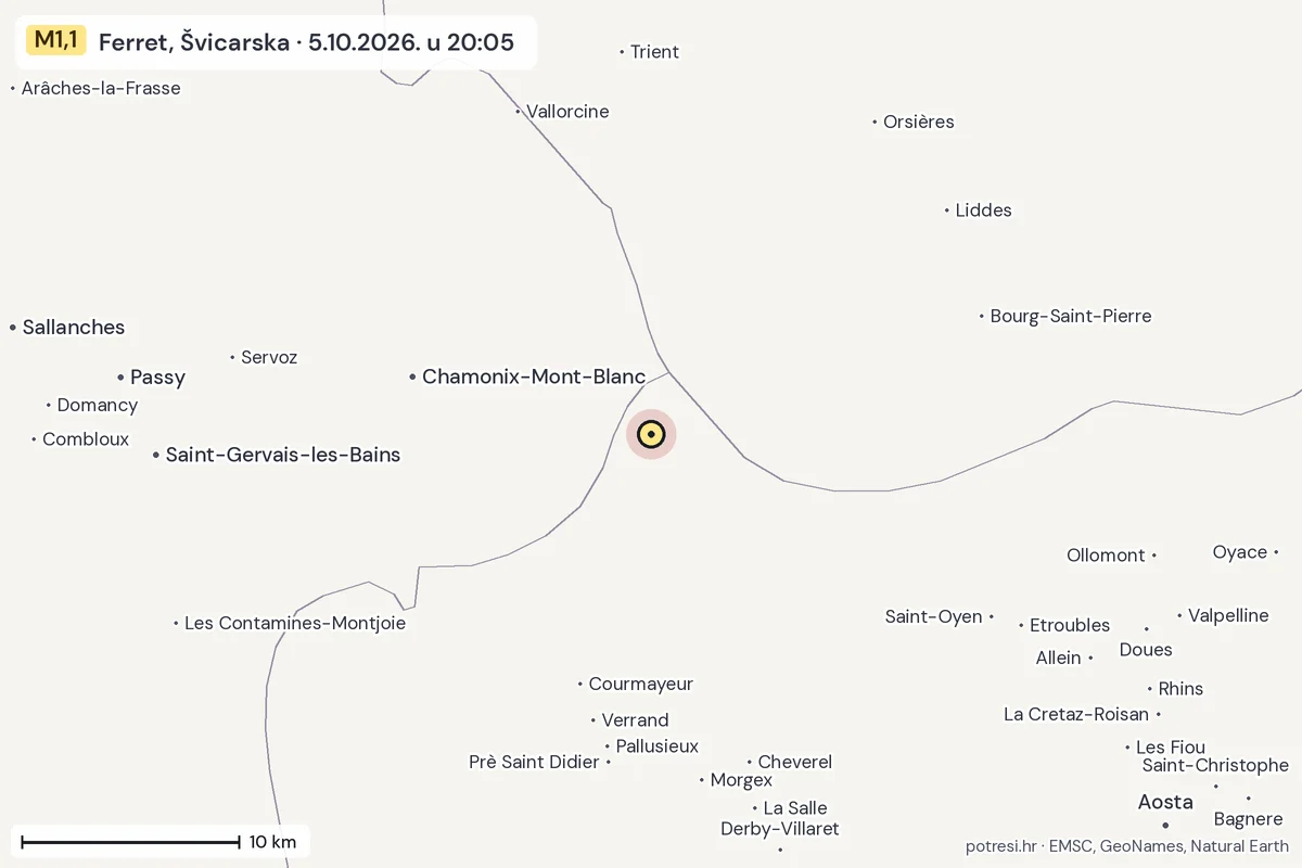 Karta: okolica epicentra, 60 km, potres M1,1, Ferret, Švicarska, 5.10.2026.