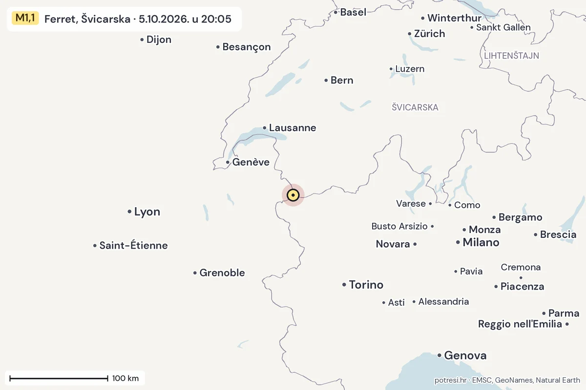 Karta: šire područje, 600 km, potres M1,1, Ferret, Švicarska, 5.10.2026.