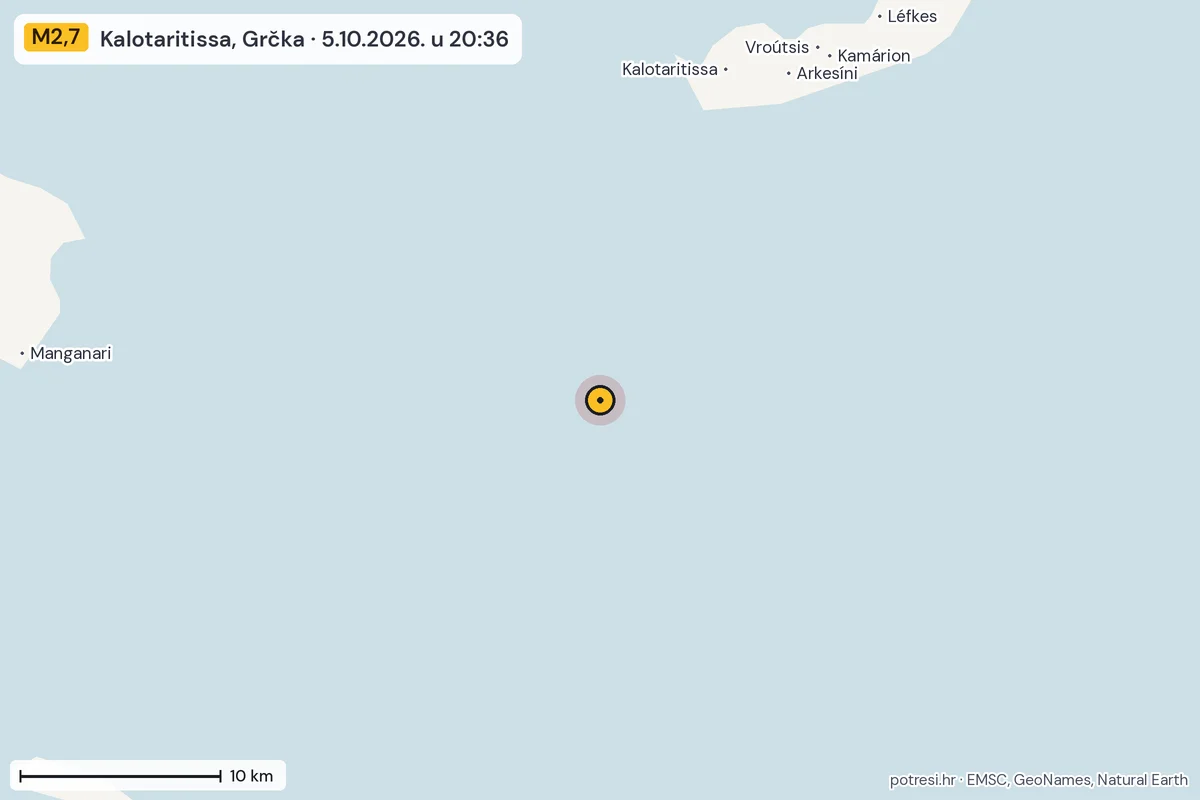 Karta: okolica epicentra, 60 km, potres M2,7, Kalotaritissa, Grčka, 5.10.2026.