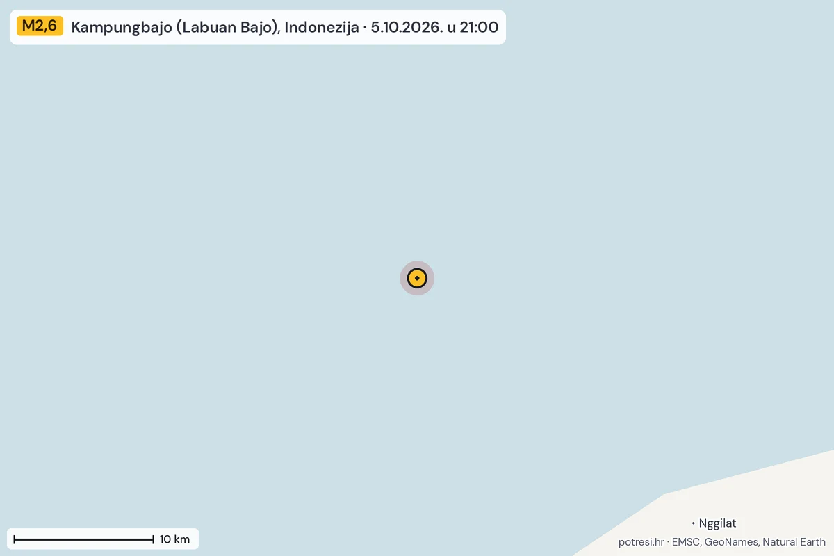 Karta: okolica epicentra, 60 km, potres M2,6, Kampungbajo (Labuan Bajo), Indonezija, 5.10.2026.