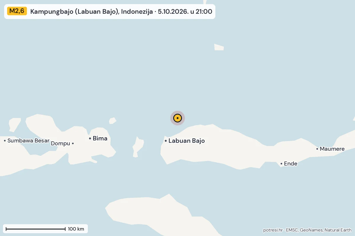 Karta: šire područje, 600 km, potres M2,6, Kampungbajo (Labuan Bajo), Indonezija, 5.10.2026.
