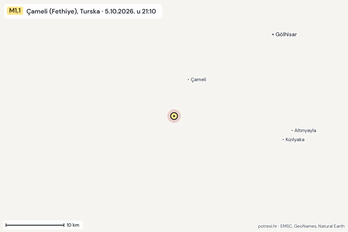 Karta: okolica epicentra, 60 km, potres M1,1, Çameli (Fethiye), Turska, 5.10.2026.