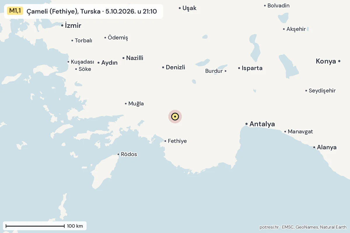 Karta: šire područje, 600 km, potres M1,1, Çameli (Fethiye), Turska, 5.10.2026.