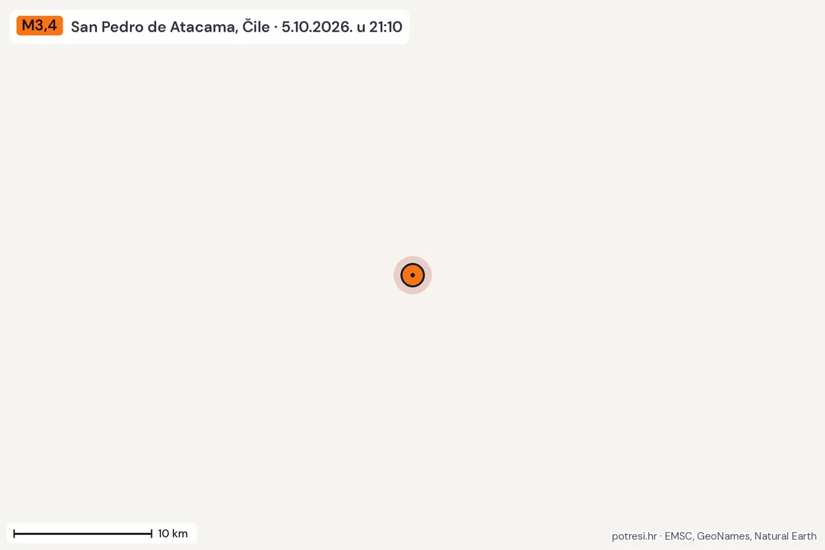 Karta: okolica epicentra, 60 km, potres M3,4, San Pedro de Atacama, Čile, 5.10.2026.