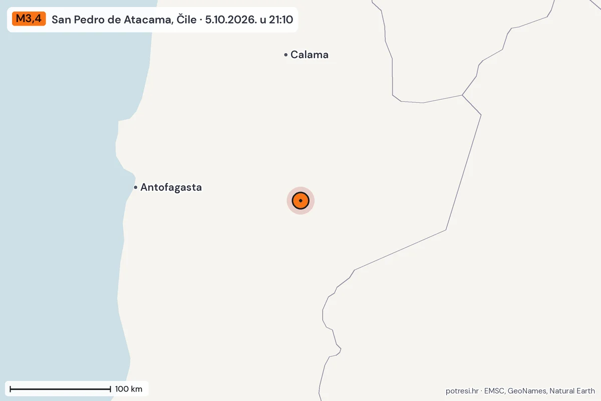 Karta: šire područje, 600 km, potres M3,4, San Pedro de Atacama, Čile, 5.10.2026.
