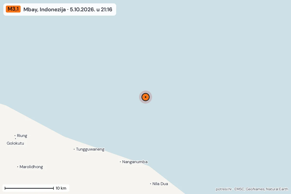 Karta: okolica epicentra, 60 km, potres M3,1, Mbay, Indonezija, 5.10.2026.