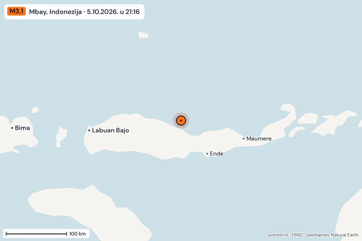 Karta: šire područje, 600 km, potres M3,1, Mbay, Indonezija, 5.10.2026.