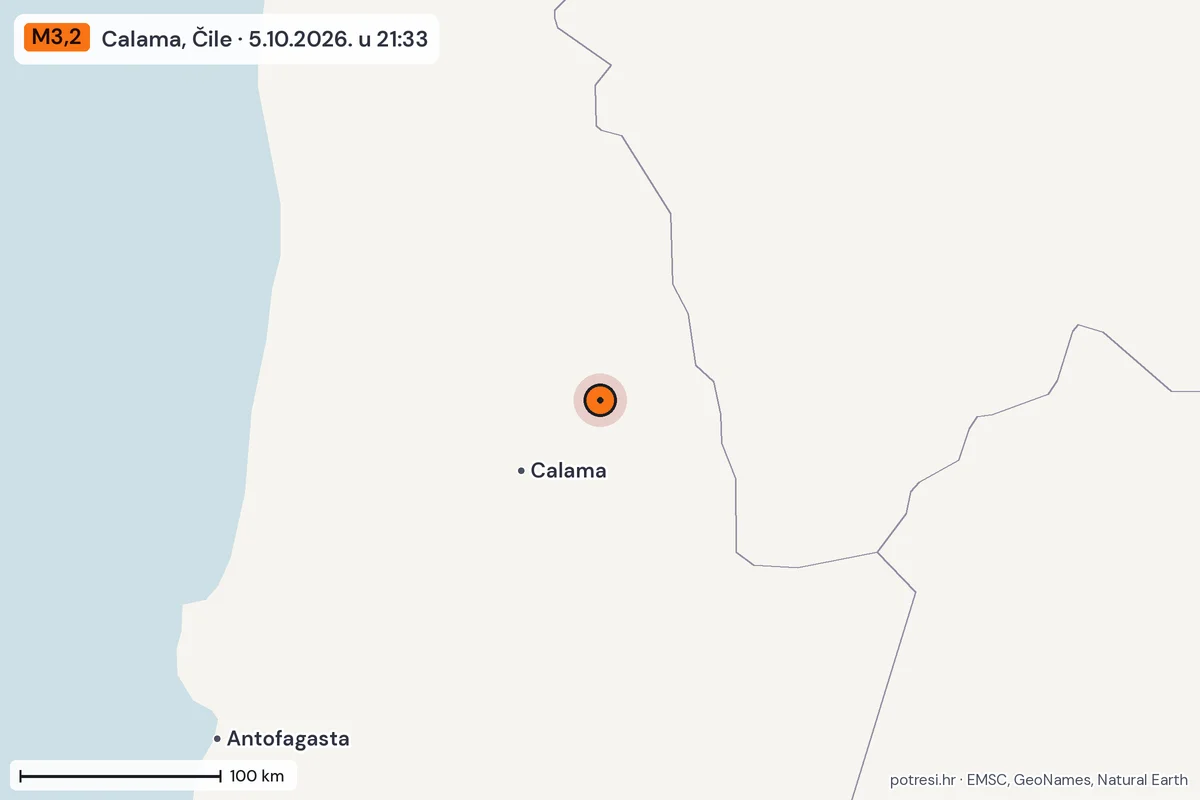 Karta: šire područje, 600 km, potres M3,2, Calama, Čile, 5.10.2026.