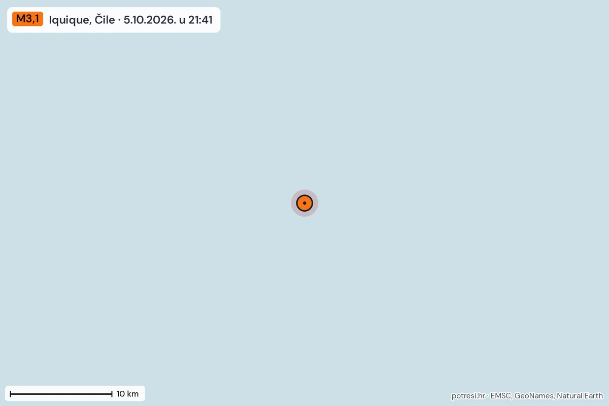 Karta: okolica epicentra, 60 km, potres M3,1, Iquique, Čile, 5.10.2026.