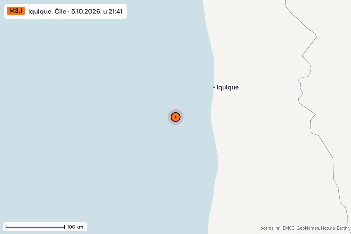 Karta: šire područje, 600 km, potres M3,1, Iquique, Čile, 5.10.2026.