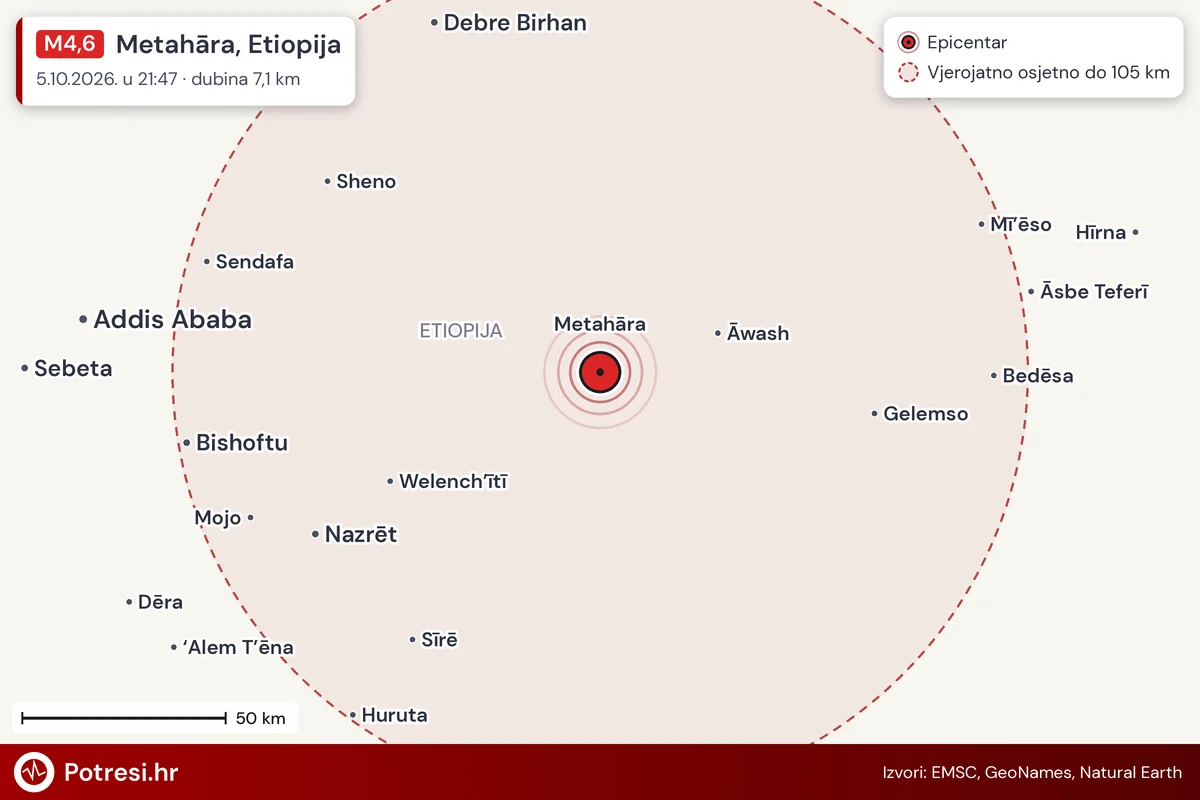 Karta: šire područje i vjerojatni doseg osjeta, potres M4,6, Metahāra, Etiopija, 5.10.2026.
