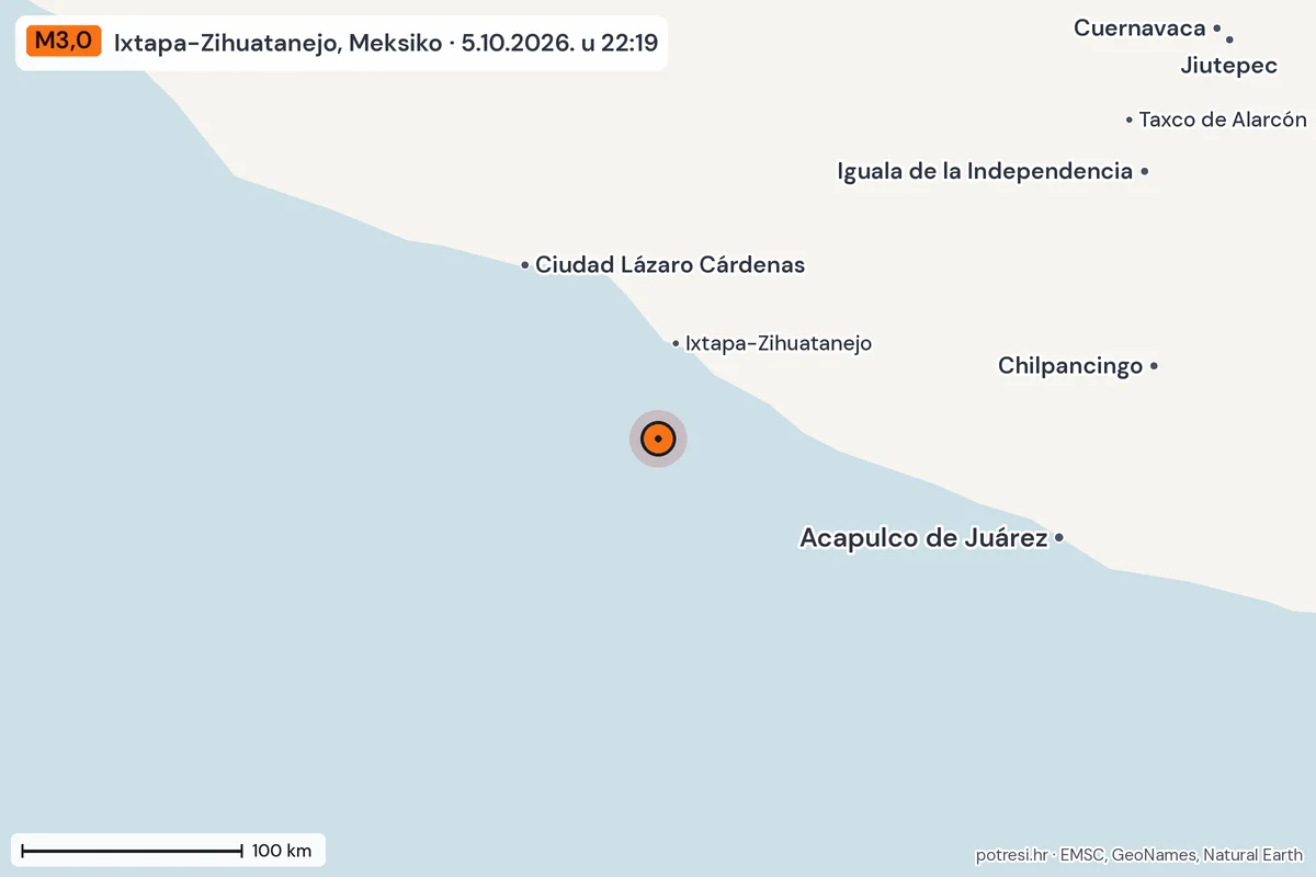 Karta: šire područje, 600 km, potres M3,0, Ixtapa-Zihuatanejo, Meksiko, 5.10.2026.