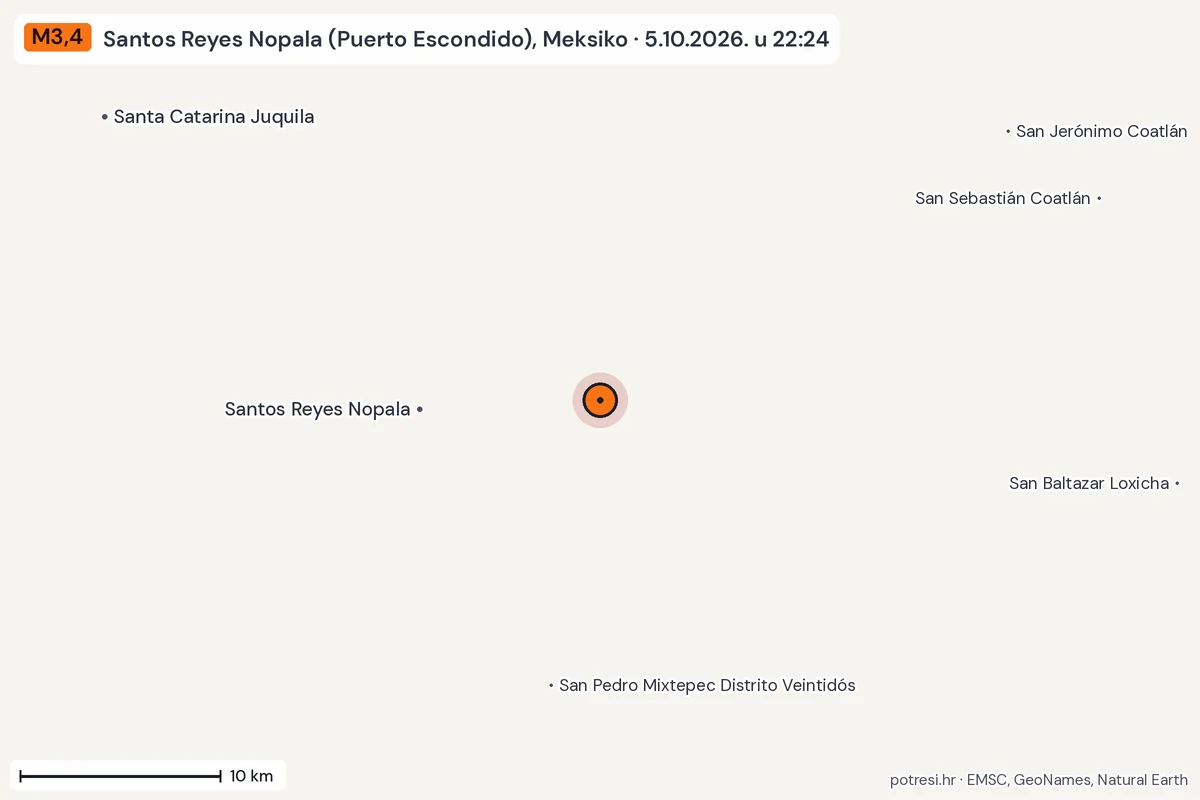 Karta: okolica epicentra, 60 km, potres M3,4, Santos Reyes Nopala (Puerto Escondido), Meksiko, 5.10.2026.