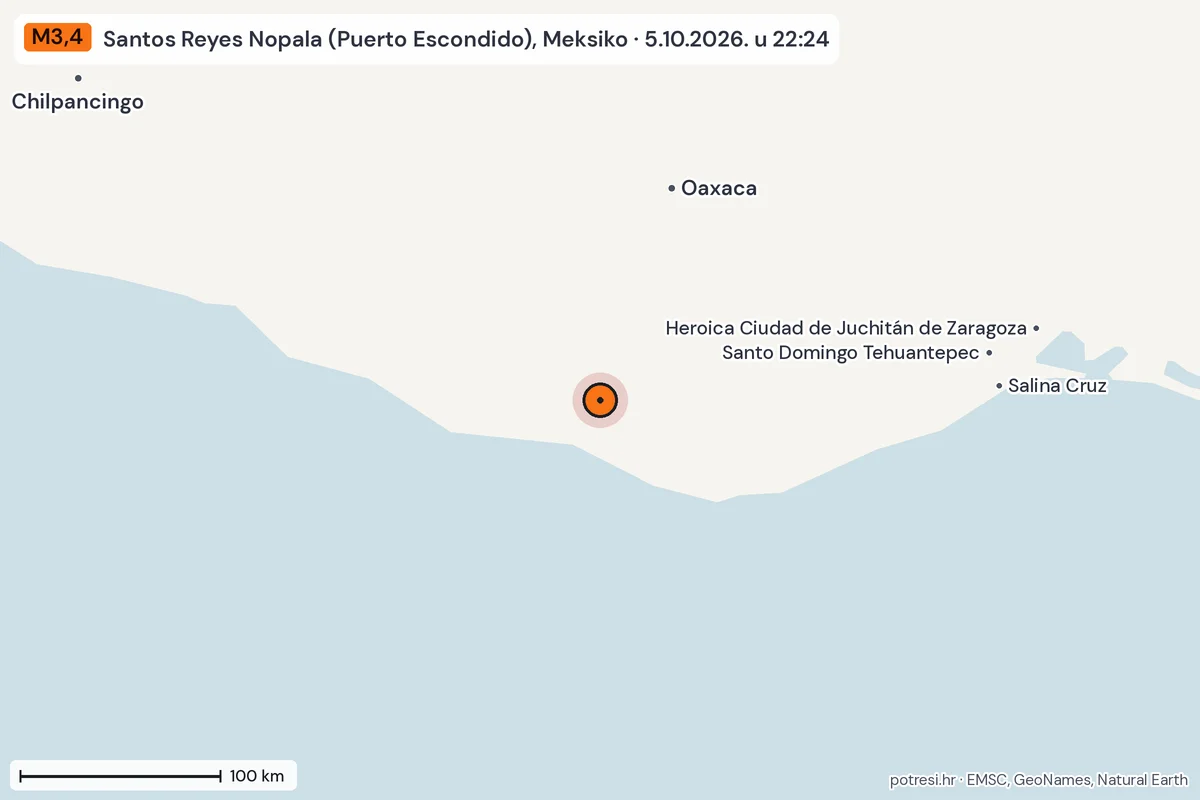 Karta: šire područje, 600 km, potres M3,4, Santos Reyes Nopala (Puerto Escondido), Meksiko, 5.10.2026.