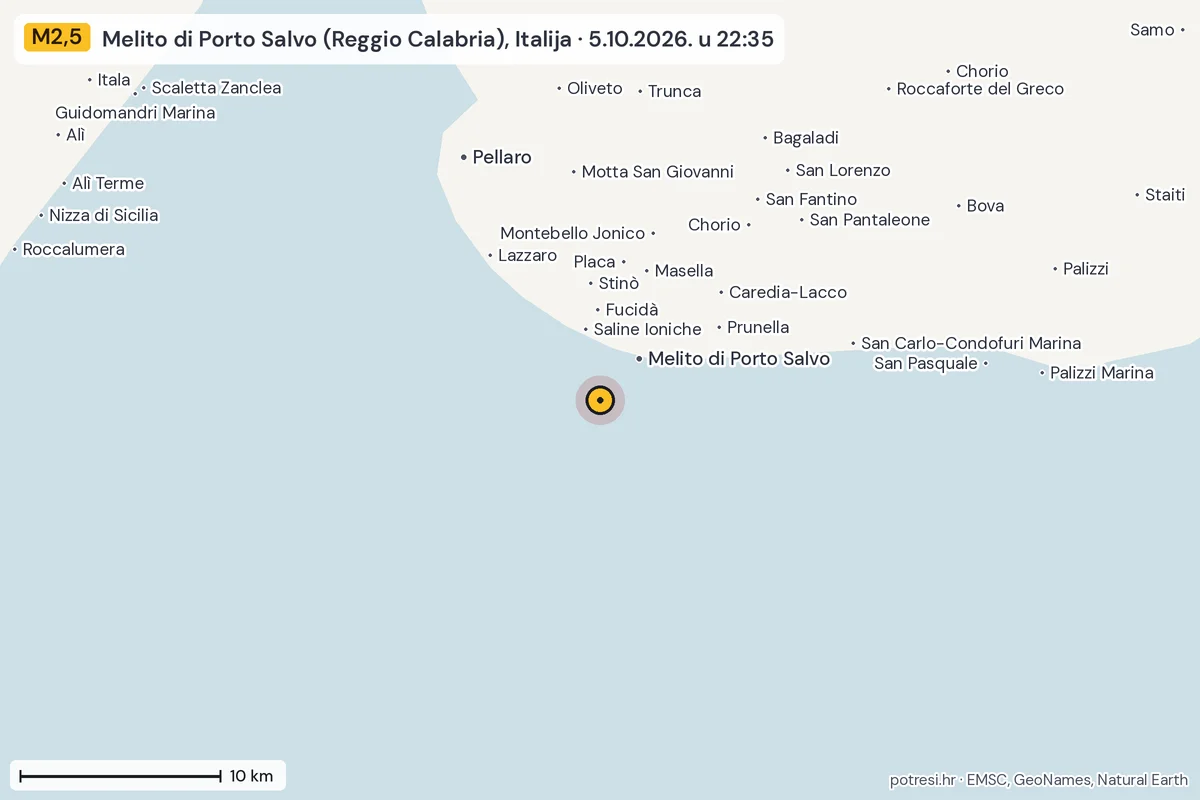 Karta: okolica epicentra, 60 km, potres M2,5, Melito di Porto Salvo (Reggio Calabria), Italija, 5.10.2026.