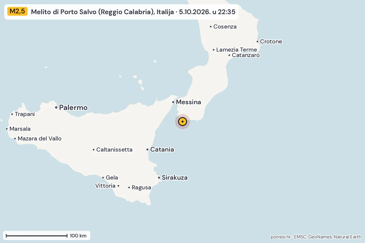 Karta: šire područje, 600 km, potres M2,5, Melito di Porto Salvo (Reggio Calabria), Italija, 5.10.2026.