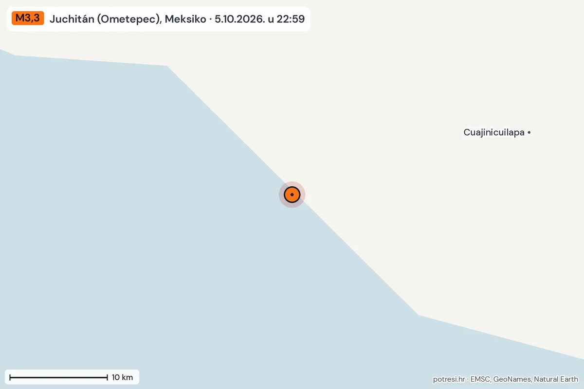 Karta: okolica epicentra, 60 km, potres M3,3, Juchitán (Ometepec), Meksiko, 5.10.2026.