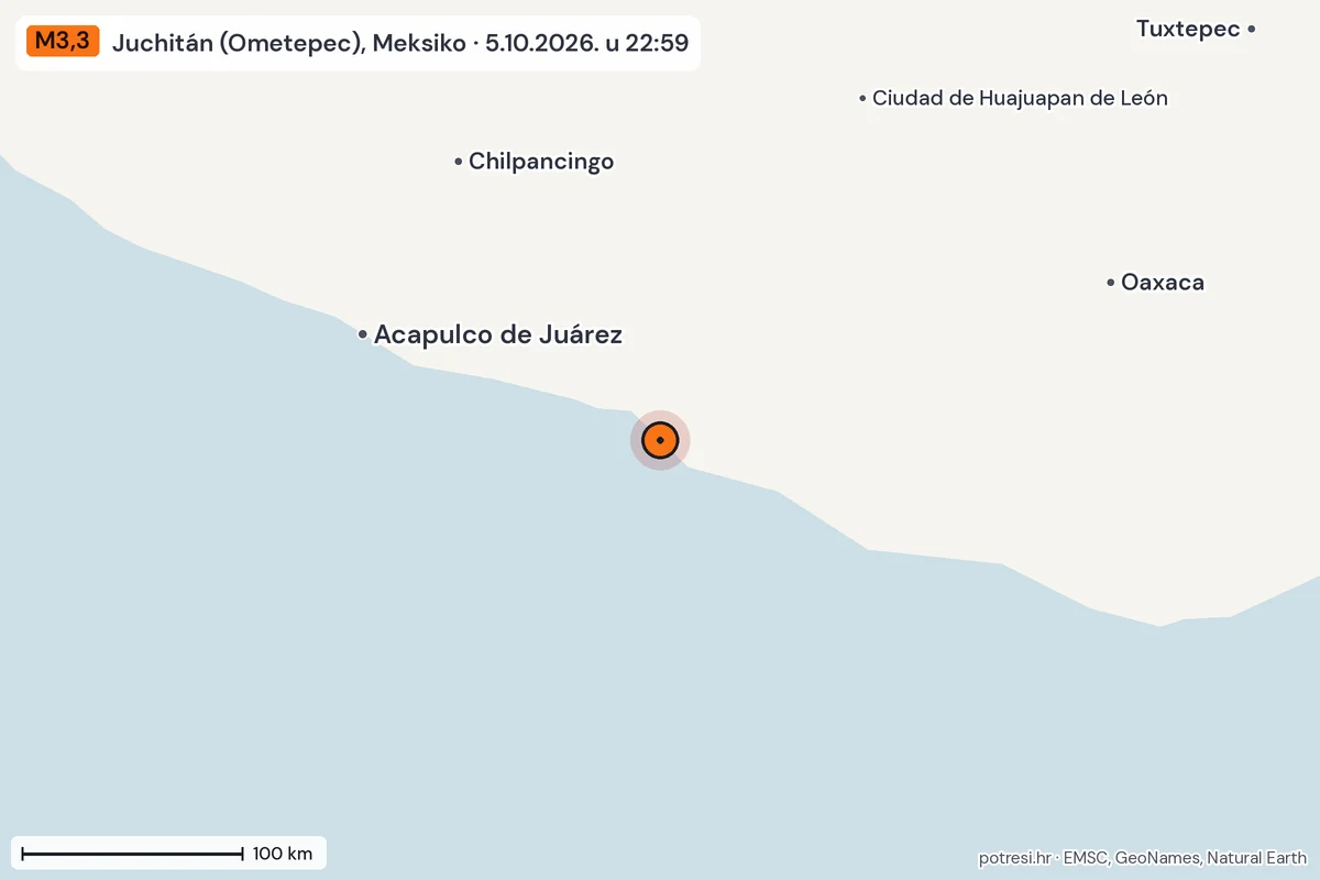 Karta: šire područje, 600 km, potres M3,3, Juchitán (Ometepec), Meksiko, 5.10.2026.