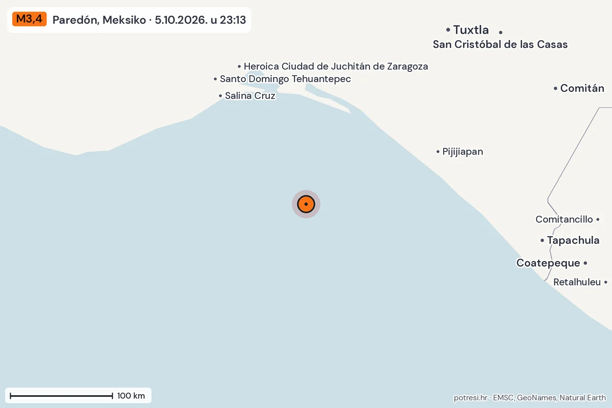 Karta: šire područje, 600 km, potres M3,4, Paredón, Meksiko, 5.10.2026.