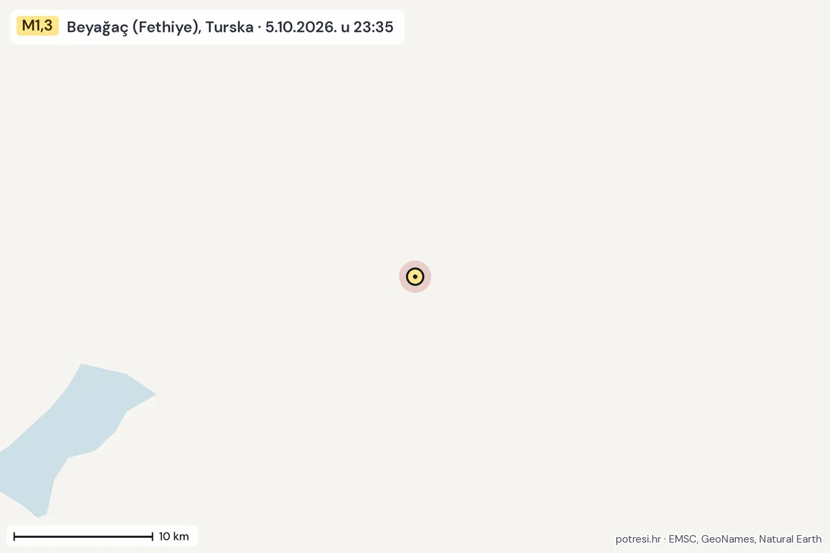 Karta: okolica epicentra, 60 km, potres M1,3, Beyağaç (Fethiye), Turska, 5.10.2026.