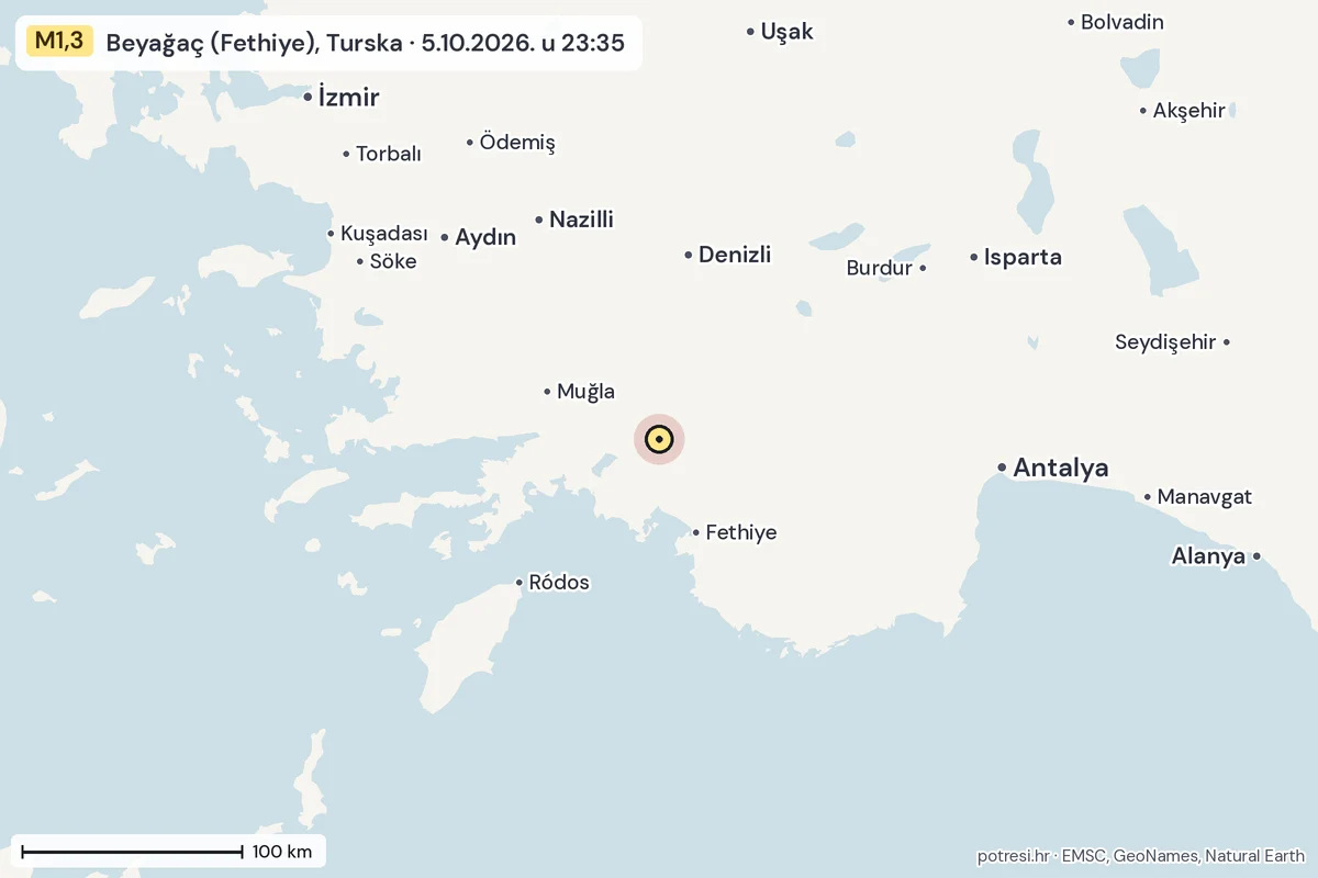 Karta: šire područje, 600 km, potres M1,3, Beyağaç (Fethiye), Turska, 5.10.2026.