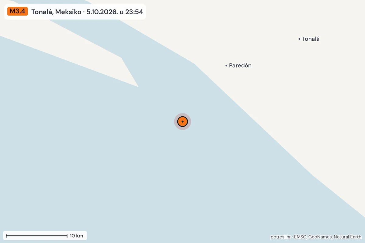 Karta: okolica epicentra, 60 km, potres M3,4, Tonalá, Meksiko, 5.10.2026.