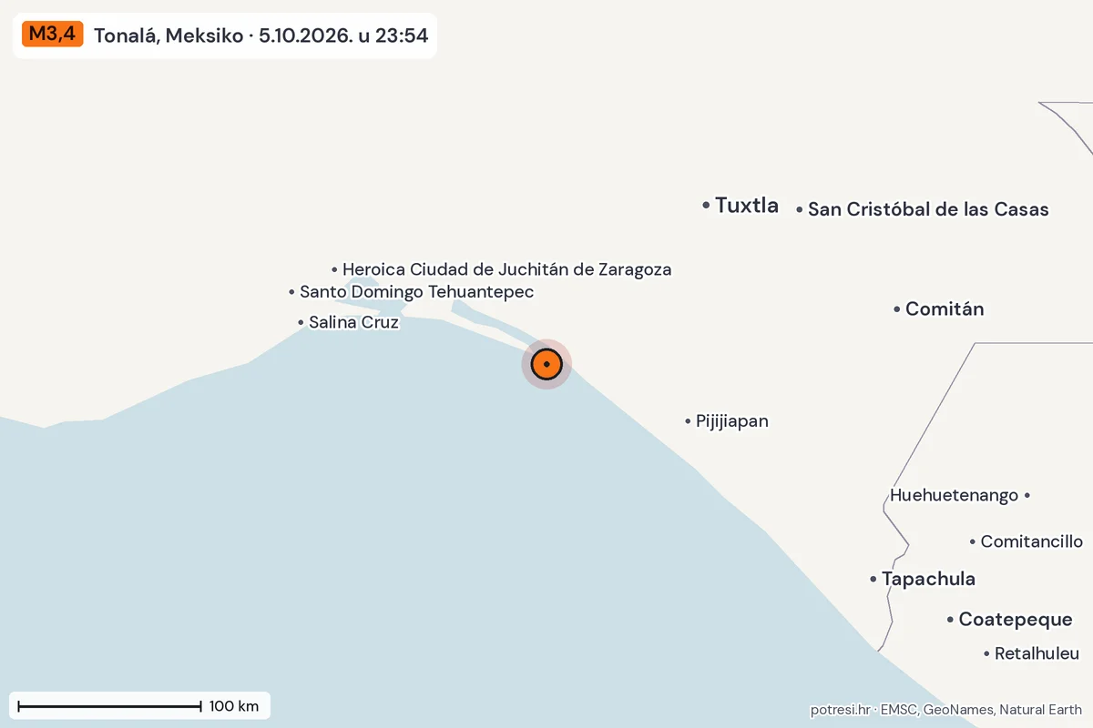 Karta: šire područje, 600 km, potres M3,4, Tonalá, Meksiko, 5.10.2026.