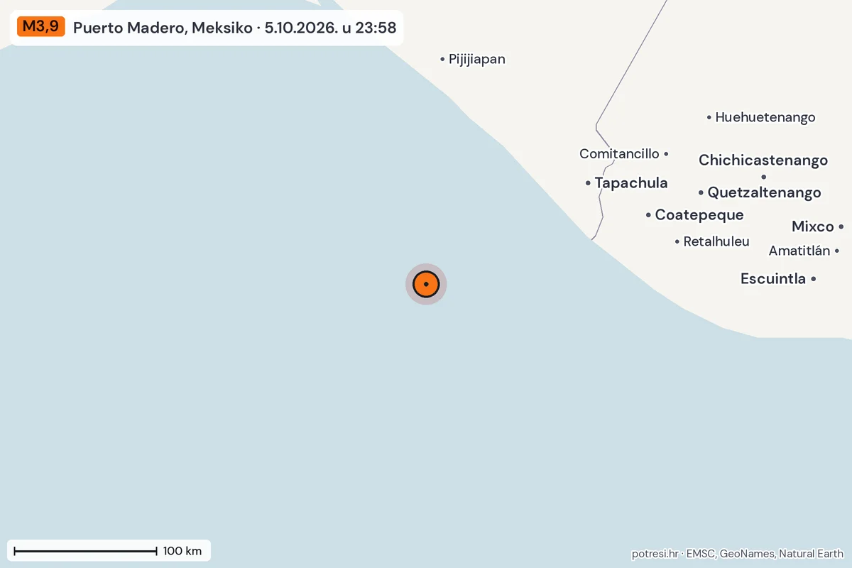 Karta: šire područje, 600 km, potres M3,9, Puerto Madero, Meksiko, 5.10.2026.