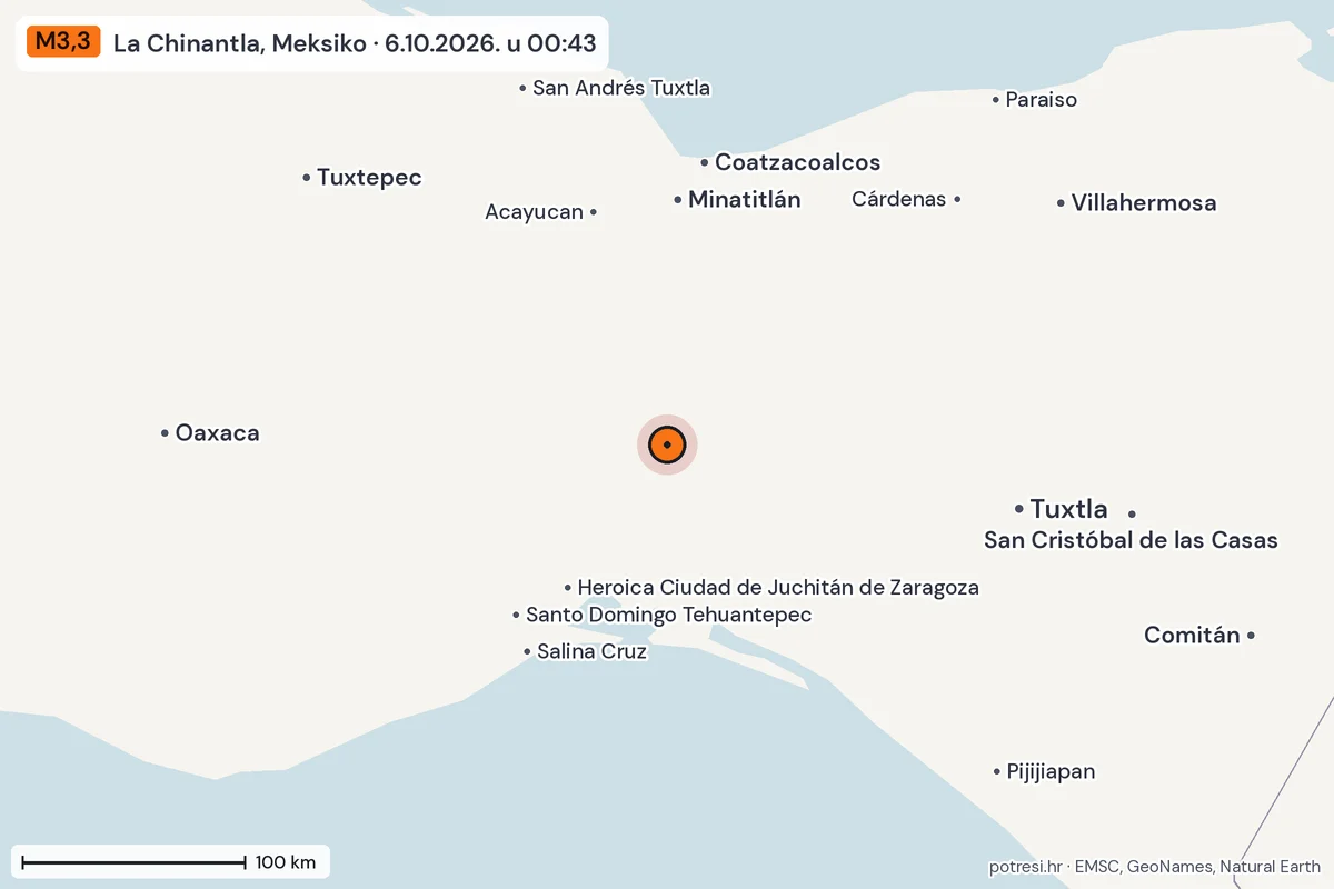 Karta: šire područje, 600 km, potres M3,3, La Chinantla, Meksiko, 6.10.2026.