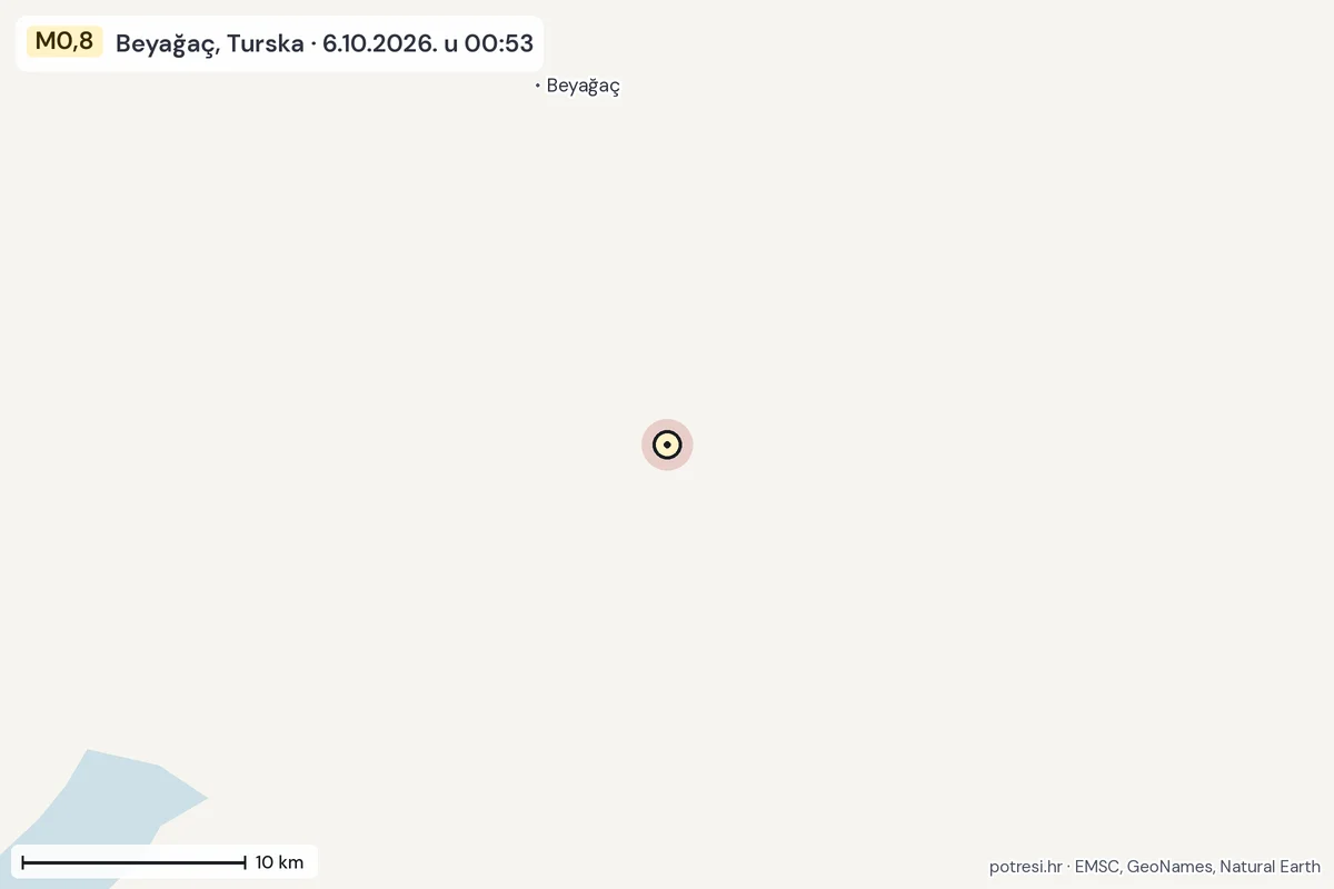 Karta: okolica epicentra, 60 km, potres M0,8, Beyağaç, Turska, 6.10.2026.