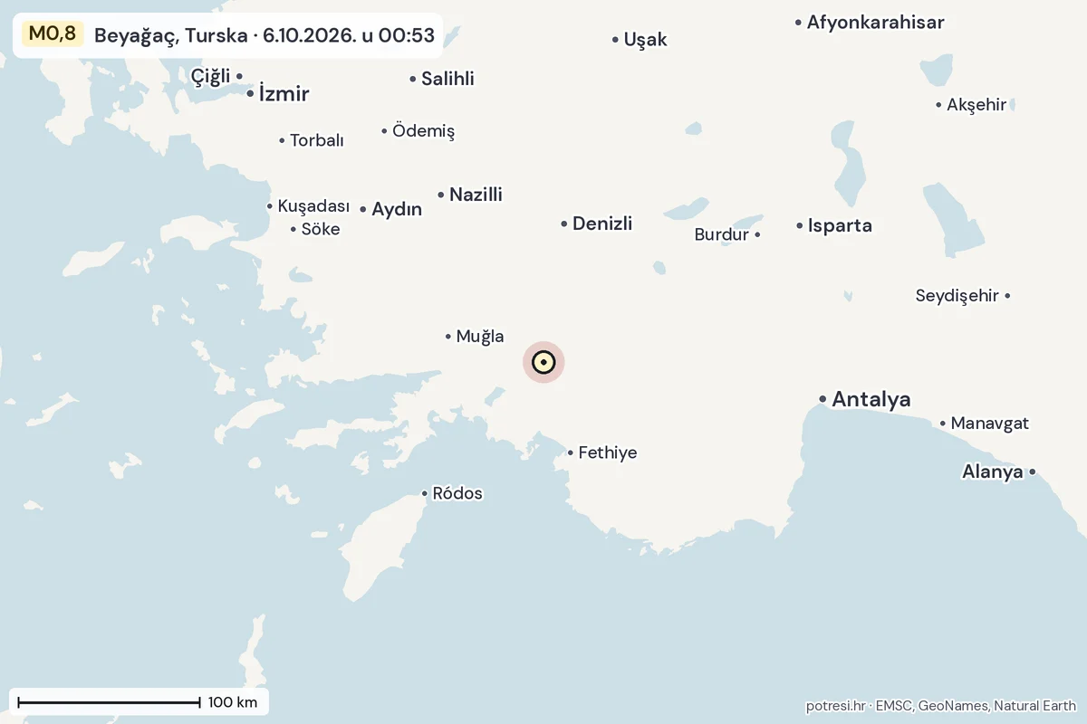 Karta: šire područje, 600 km, potres M0,8, Beyağaç, Turska, 6.10.2026.