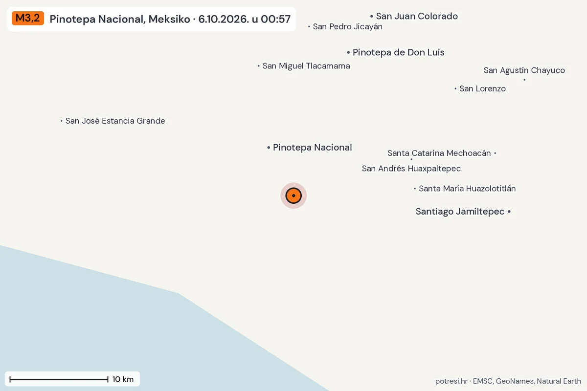 Karta: okolica epicentra, 60 km, potres M3,2, Pinotepa Nacional, Meksiko, 6.10.2026.