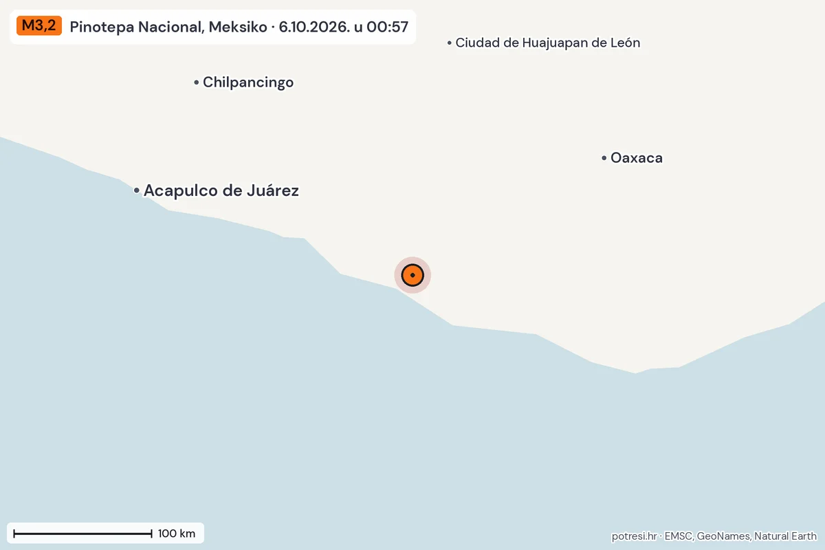 Karta: šire područje, 600 km, potres M3,2, Pinotepa Nacional, Meksiko, 6.10.2026.