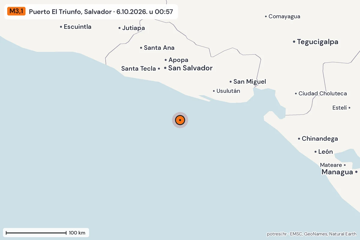Karta: šire područje, 600 km, potres M3,1, Puerto El Triunfo, Salvador, 6.10.2026.