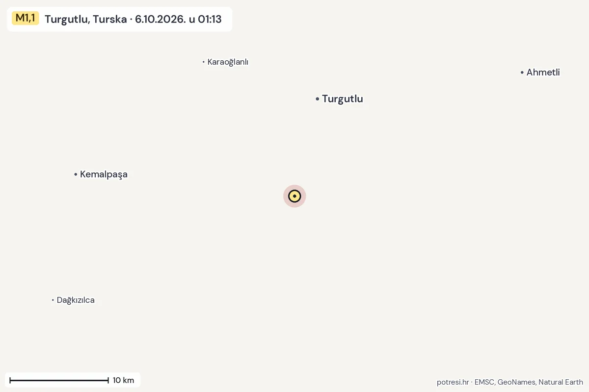 Karta: okolica epicentra, 60 km, potres M1,1, Turgutlu, Turska, 6.10.2026.