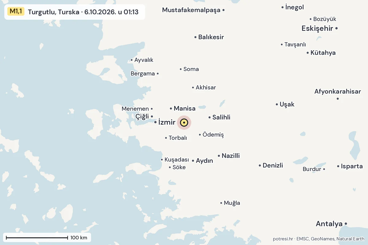 Karta: šire područje, 600 km, potres M1,1, Turgutlu, Turska, 6.10.2026.