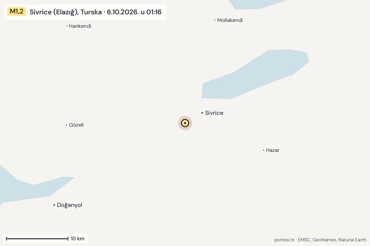 Karta: okolica epicentra, 60 km, potres M1,2, Sivrice (Elazığ), Turska, 6.10.2026.