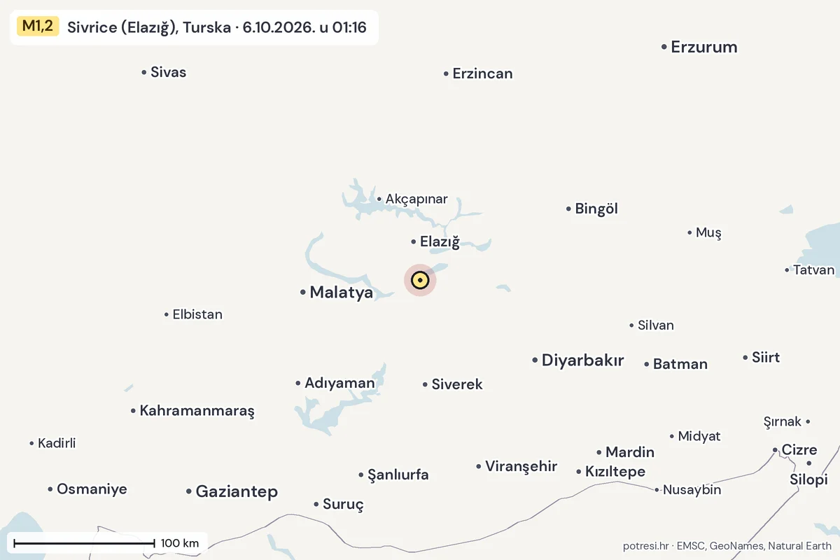 Karta: šire područje, 600 km, potres M1,2, Sivrice (Elazığ), Turska, 6.10.2026.