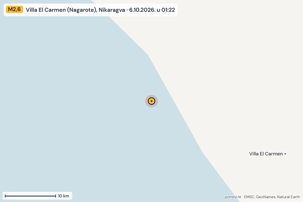 Karta: okolica epicentra, 60 km, potres M2,6, Villa El Carmen (Nagarote), Nikaragva, 6.10.2026.