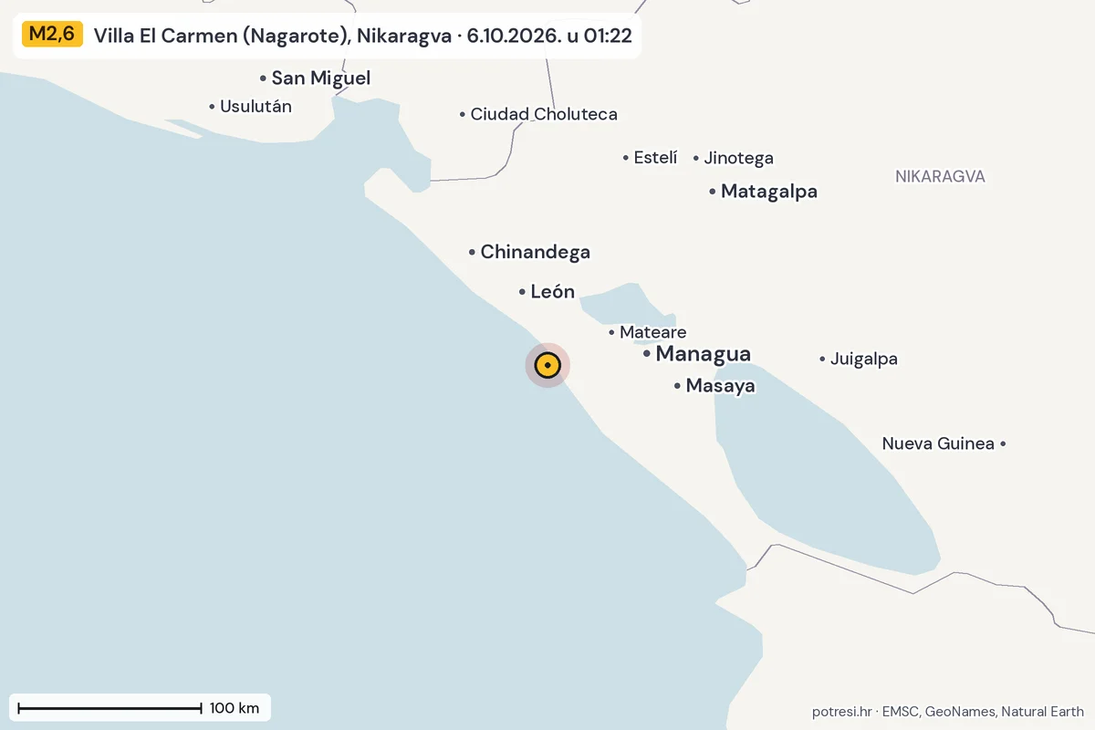 Karta: šire područje, 600 km, potres M2,6, Villa El Carmen (Nagarote), Nikaragva, 6.10.2026.