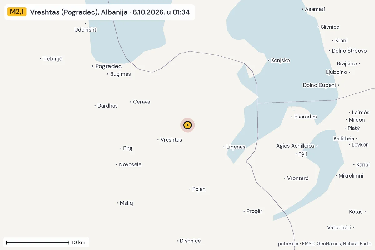 Karta: okolica epicentra, 60 km, potres M2,1, Vreshtas (Pogradec), Albanija, 6.10.2026.