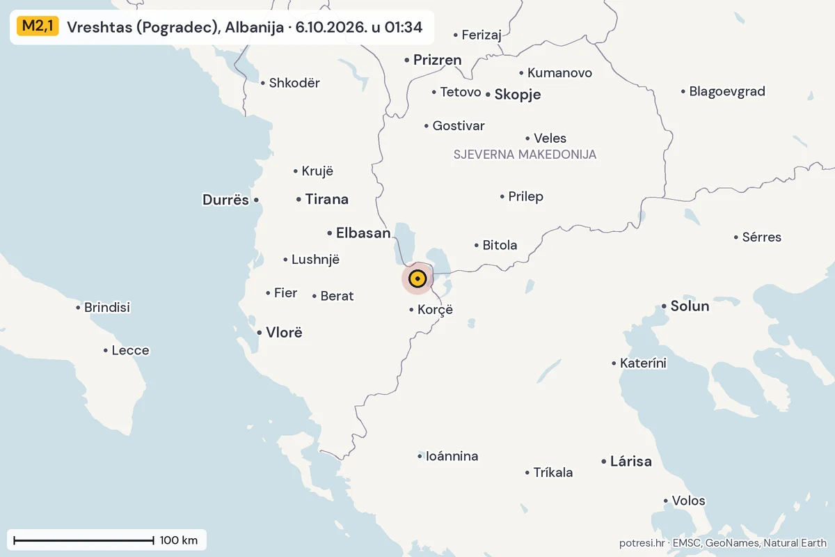 Karta: šire područje, 600 km, potres M2,1, Vreshtas (Pogradec), Albanija, 6.10.2026.