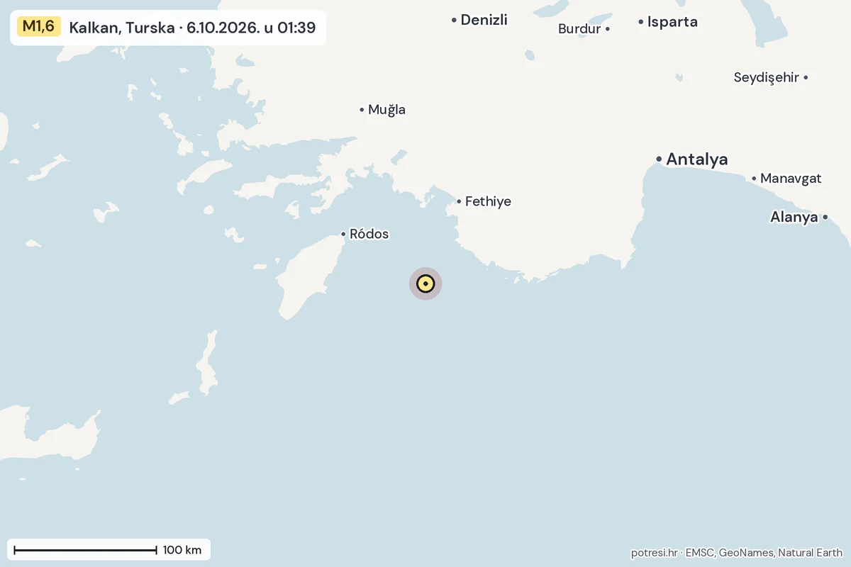 Karta: šire područje, 600 km, potres M1,6, Kalkan, Turska, 6.10.2026.