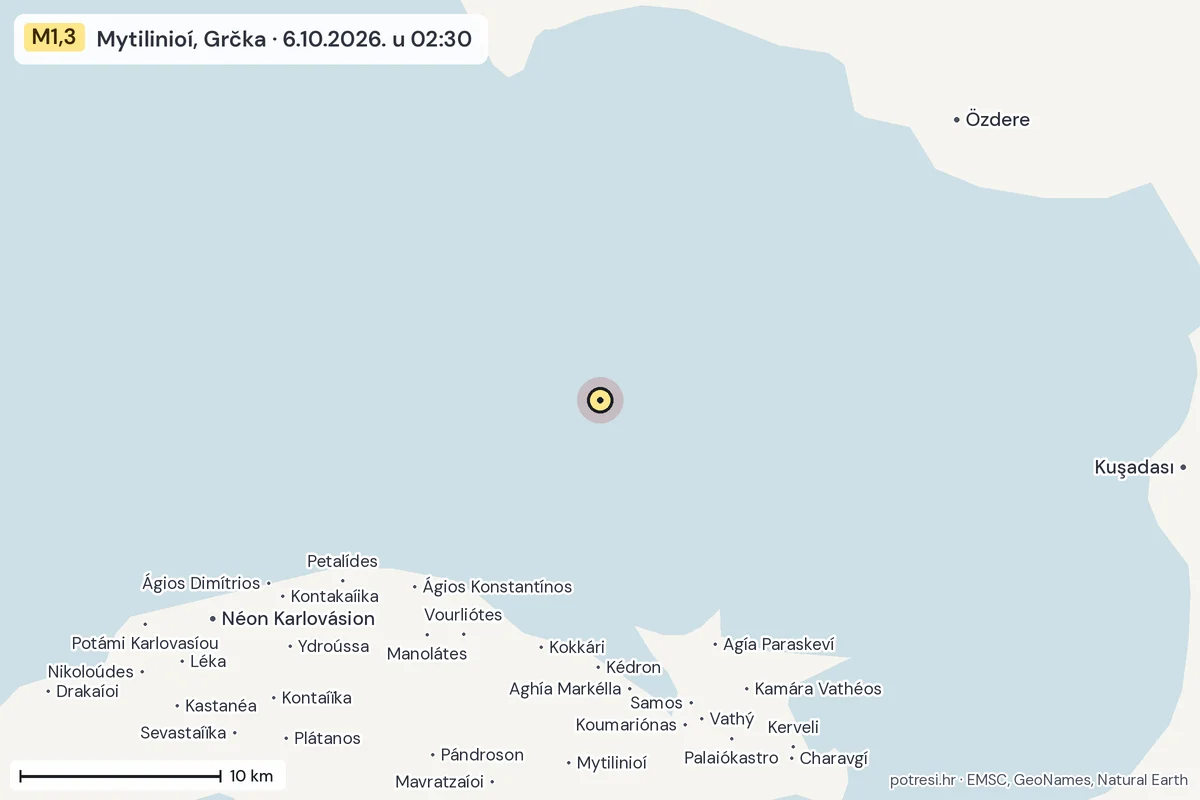 Karta: okolica epicentra, 60 km, potres M1,3, Mytilinioí, Grčka, 6.10.2026.