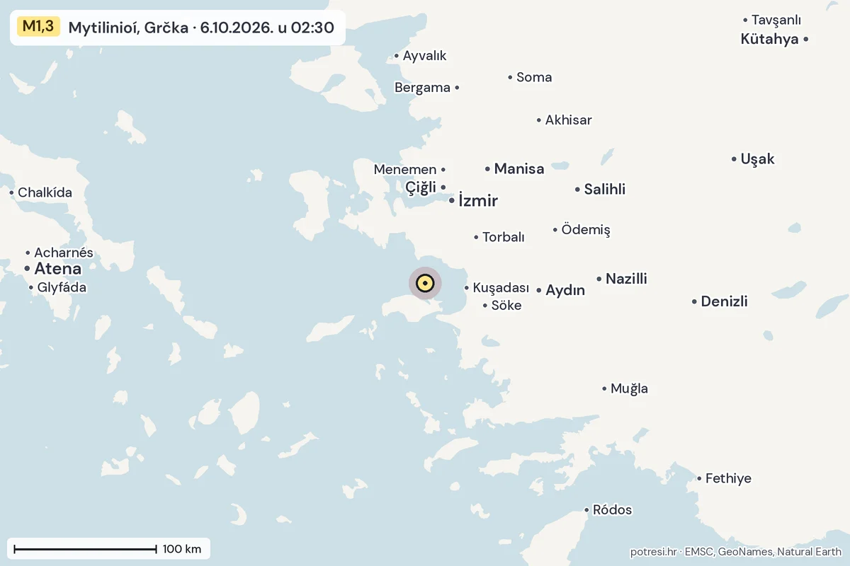 Karta: šire područje, 600 km, potres M1,3, Mytilinioí, Grčka, 6.10.2026.